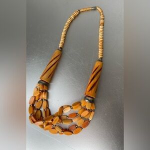 Vintage Hand Carved & Beaded Necklace Orange Multi Strand Unique Runway